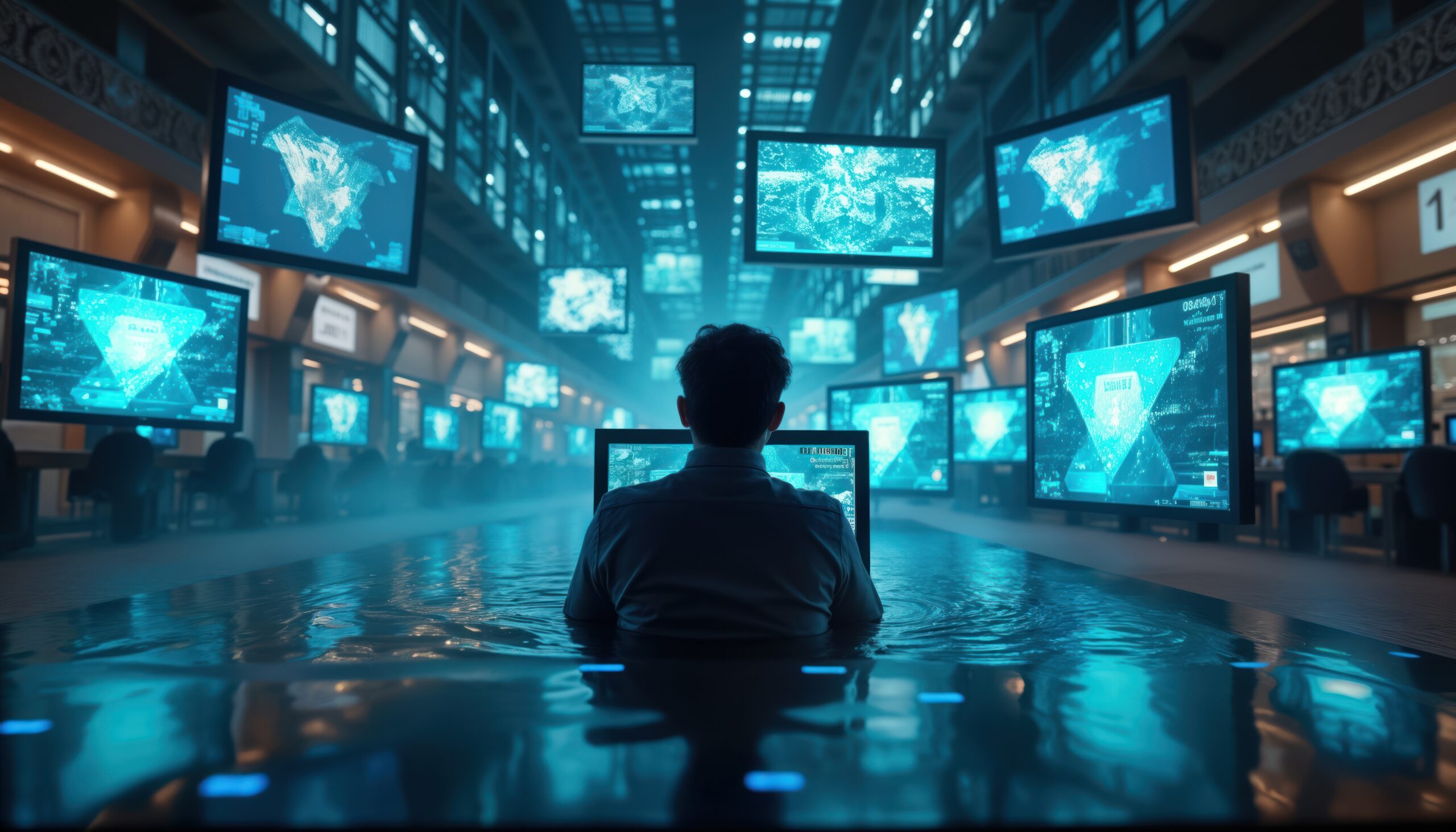 Person trapped in digital world. Surrounded by screens showing data, info. Looks overwhelmed, stressed. Modern tech concept. Person in large room with lot of screens computers. Large pool of water.